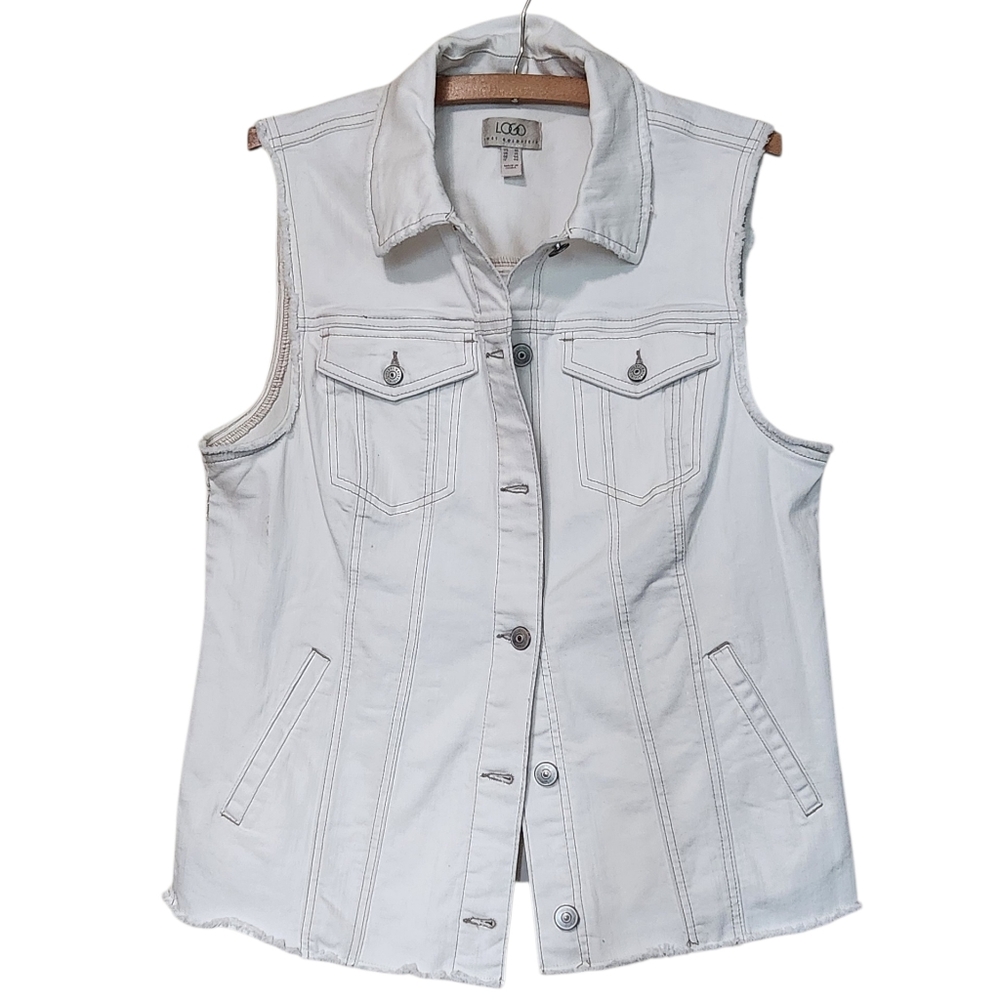 LOGO by Lori Goldstein Denim Vest with Fray Off-White Size 10